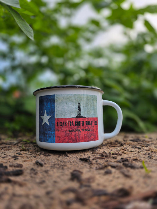 enamel Texas tea coffee roasters mug